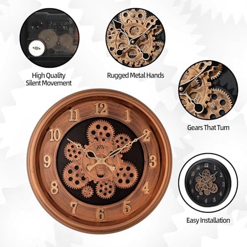 De'rons Rotating Moving Gears Wall Clock Industrial Steampunk Real Moving Gear Designer Wall Clock for Living Room Home Decor Office Wooden Look Plastic Round 32cm DC-1387 (Copper Golden) - Image 2
