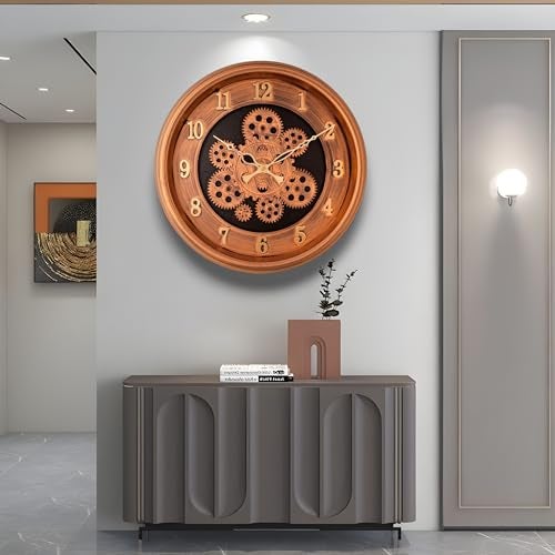 De'rons Rotating Moving Gears Wall Clock Industrial Steampunk Real Moving Gear Designer Wall Clock for Living Room Home Decor Office Wooden Look Plastic Round 32cm DC-1387 (Copper Golden) - Image 1