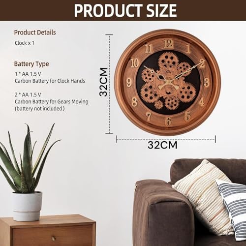 De'rons Rotating Moving Gears Wall Clock Industrial Steampunk Real Moving Gear Designer Wall Clock for Living Room Home Decor Office Wooden Look Plastic Round 32cm DC-1387 (Copper Golden) - Image 3