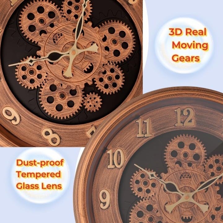 De'rons Rotating Moving Gears Wall Clock Industrial Steampunk Real Moving Gear Designer Wall Clock for Living Room Home Decor Office Wooden Look Plastic Round 32cm DC-1387 (Copper Golden) - Image 5
