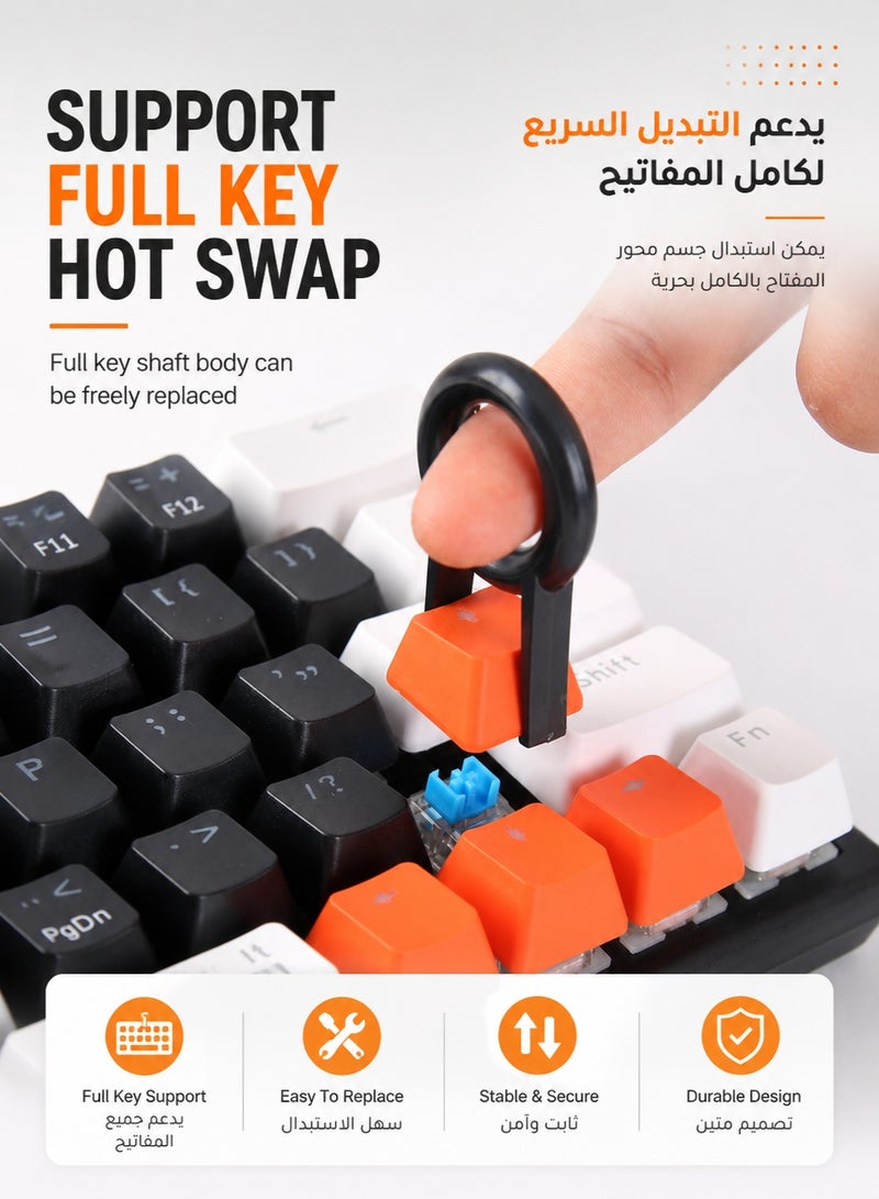 لوحة مفاتيح ميكانيكية للألعاب بـ 63 مفتاحًا، مفاتيح زرقاء، تخطيط عربي وإنجليزي، تصميم مدمج صغير بنسبة 60%، لوحة مفاتيح سلكية تدعم تبديل المفاتيح دون الحاجة إلى لحام، مزودة بإضاءة خلفية RGB، باللونين الأسود والأبيض - Image 2