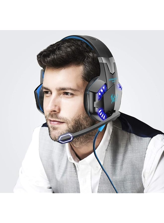 اوك سماعة ألعاب G2000 للكمبيوتر الشخصي مزودة بخاصية التحكم في مستوى الصوت وإضاءة LED وسماعات أذن ناعمة تعمل مع أجهزة Xbox One وPS4 وNintendo Switch وPC وMac وألعاب الكمبيوتر باللون الأزرق - Image 2