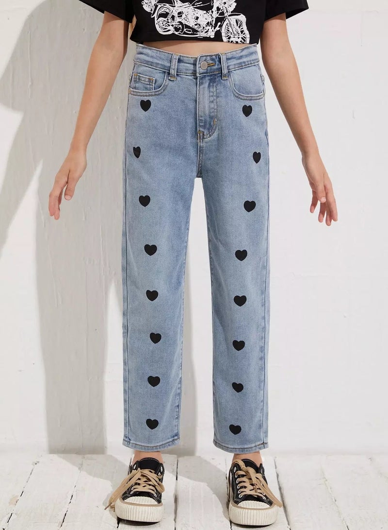Girls Heart Print Straight Leg Jeans  - Image 1