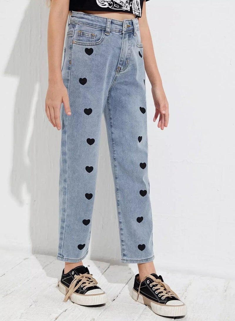 Girls Heart Print Straight Leg Jeans  - Image 3