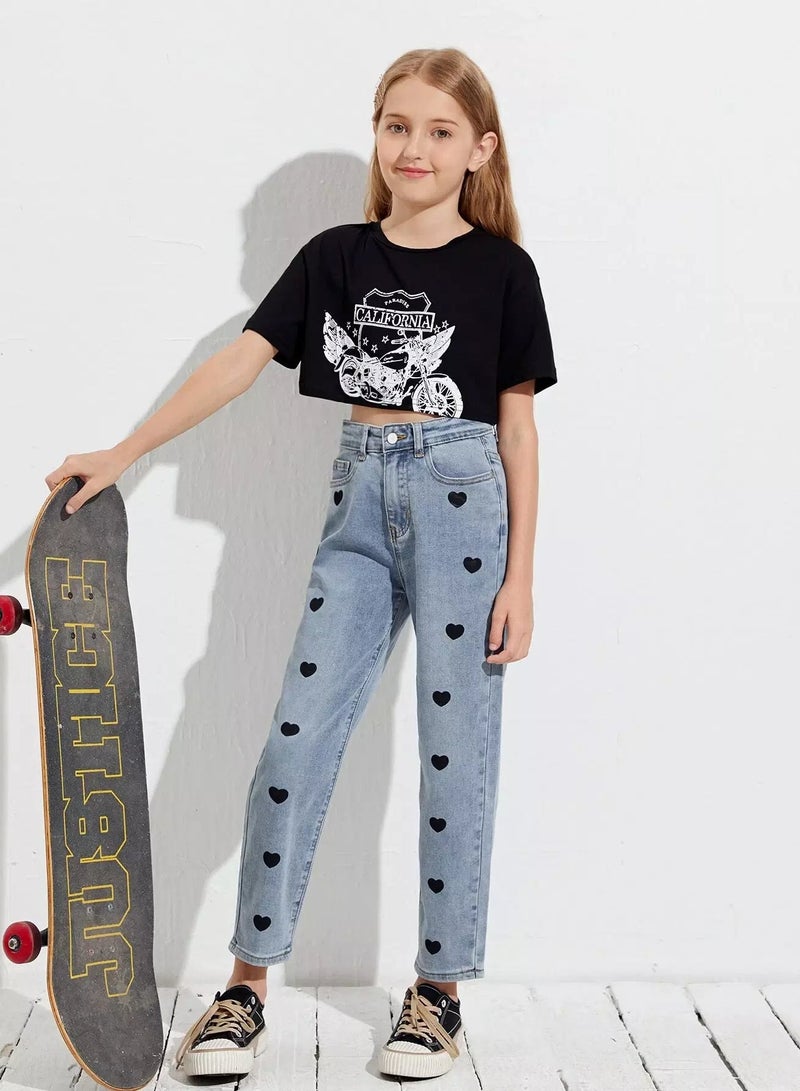 Girls Heart Print Straight Leg Jeans  - Image 4