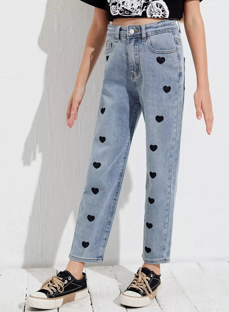 Girls Heart Print Straight Leg Jeans  - Image 5