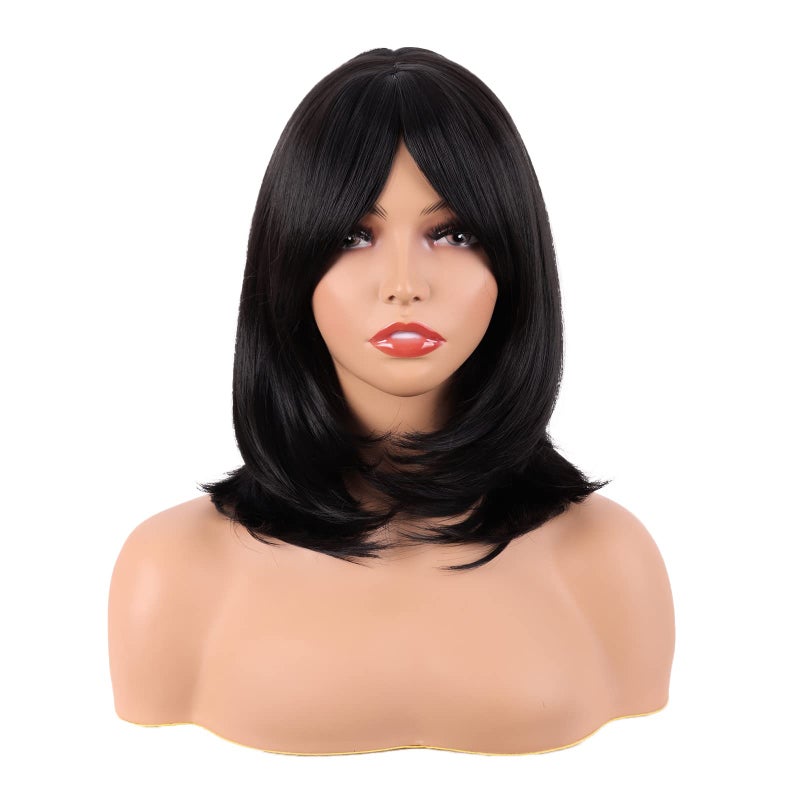 MapofBeauty 18 Inch45 cm Layered Bangs Straight Synthetic Fiber Shoulder Length Hair Daily Use Wig Black