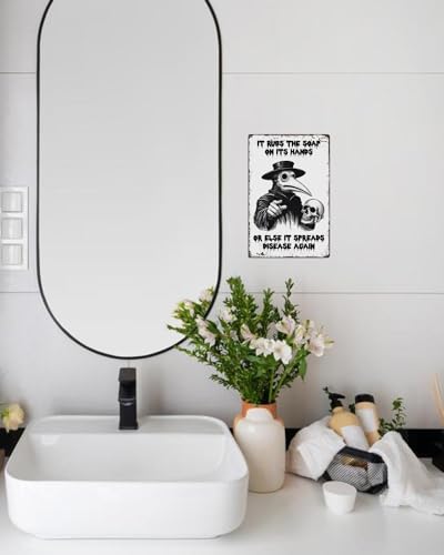 ALKB Plague Doctor Bathroom Sign 8x12” – Gothic Wall Decor – “It Rubs the Soap on Its Hands…” – Dark Humor Handwashing Reminder, Novelty Gift - Image 4
