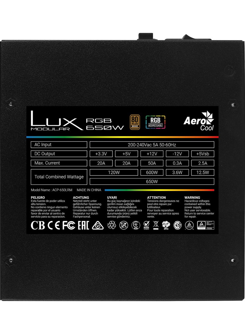 AeroCool LUX RGB 650W Power Supply 230V APFC UK Box | ATX PSU with 80+ Efficiency, Smart RGB Lighting, Silent 12cm Fan, Reliable Gaming Power Supply for Desktop PC, Stable Output for High-Performance Systems - Image 3