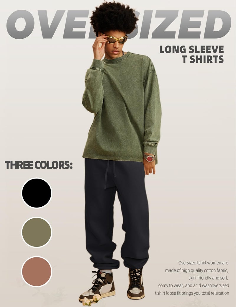 Arssm 3 Pack Mens Oversized T-Shirts Cotton Long Sleeve Tshirts Vintage Acid Wash Baggy Tees(BlackKhakiArmy-L) - Image 4