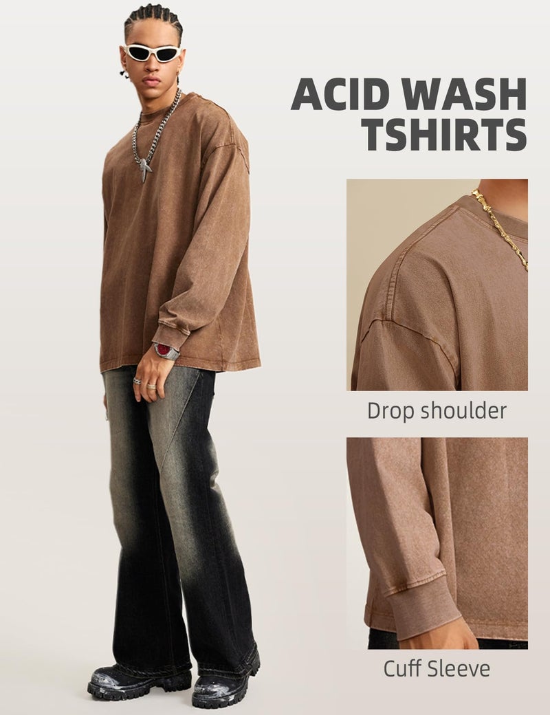 Arssm 3 Pack Mens Oversized T-Shirts Cotton Long Sleeve Tshirts Vintage Acid Wash Baggy Tees(BlackKhakiArmy-L) - Image 3