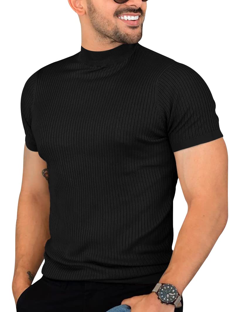 Runcati Mens Casual Slim Fit Basic Tops Short Sleeve Shirt Turtleneck T Shirts Rib Knitted Stretch Pullover Sweater, Black, XL - Image 1