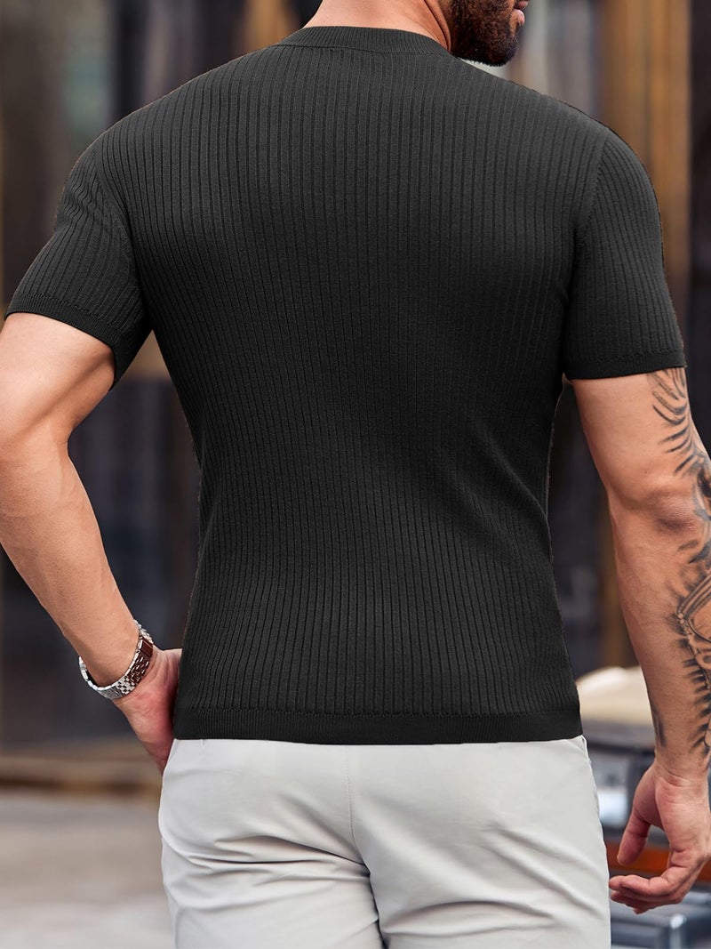Runcati Mens Casual Slim Fit Basic Tops Short Sleeve Shirt Turtleneck T Shirts Rib Knitted Stretch Pullover Sweater, Black, XL - Image 3