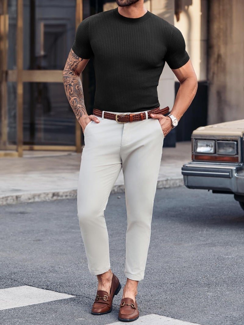 Runcati Mens Casual Slim Fit Basic Tops Short Sleeve Shirt Turtleneck T Shirts Rib Knitted Stretch Pullover Sweater, Black, XL - Image 4