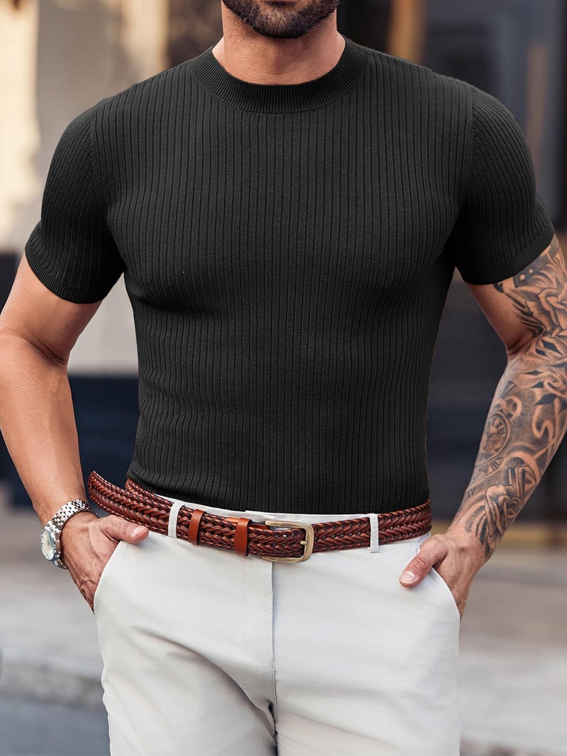 Runcati Mens Casual Slim Fit Basic Tops Short Sleeve Shirt Turtleneck T Shirts Rib Knitted Stretch Pullover Sweater, Black, XL - Image 2