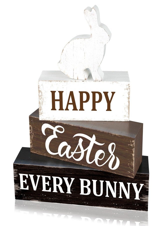 Fairooth Easter Wooden Table Sign Happy Easter Bunny Wood Blocks Easter Tabletop Signs Rabbit Decorative Table Centerpiece Block Signs Rustic Farmhouse Tiered Tray Decor for Home Table Shelf Decor Easter Gifts - Image 1