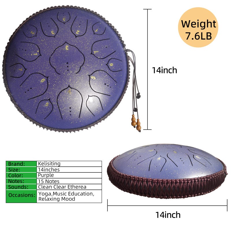 Kelisiting 14 Inch 15 Notes D Major Steel Tongue Drum,Premium Adult's Music Hand Drum Instrument,Clean Clear Ethereal Sounds,Purple - Image 3