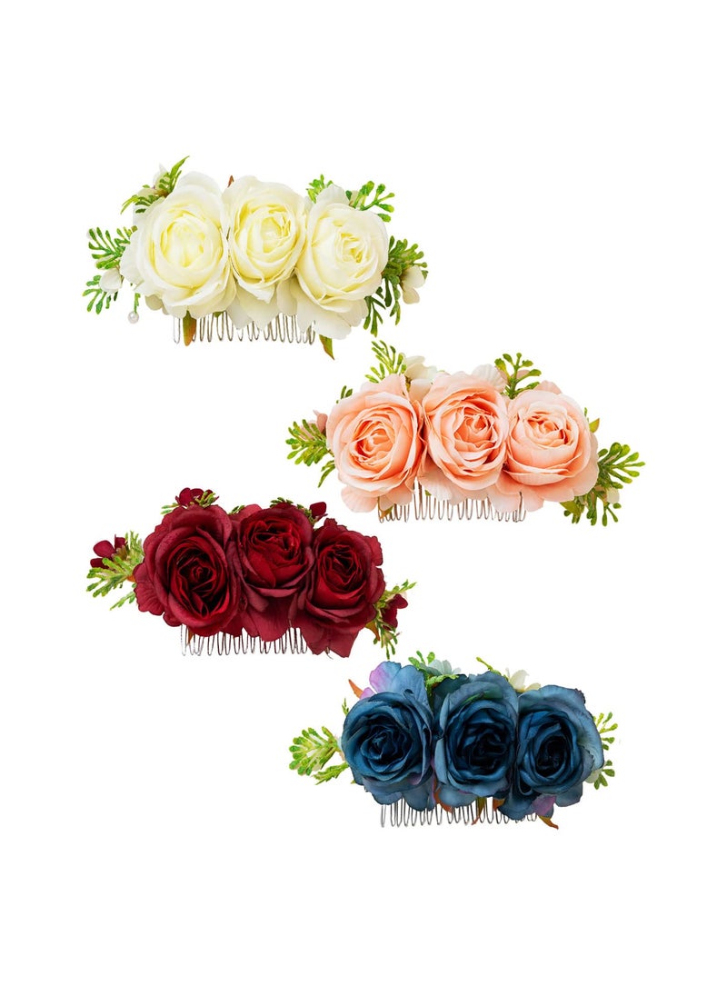Cinaci Cinaci 4 Pack Metal Hair Side Combs Slides with Artificial Rose Flower Floral Wedding Bridal Clips Headpieces Hairpins Barrettes Bun Chignon Hair Accessories for Women Flower Girls Brides Bridesmaids 