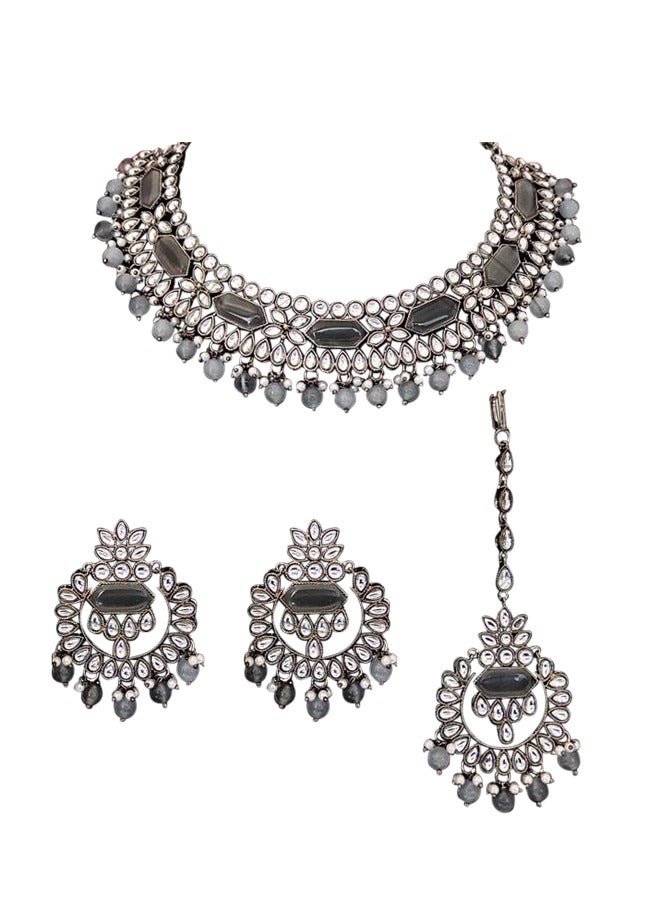 سوق جلام مجموعة قلادة قلادة مصقولة بالروديوم الأسود باللون الرمادي