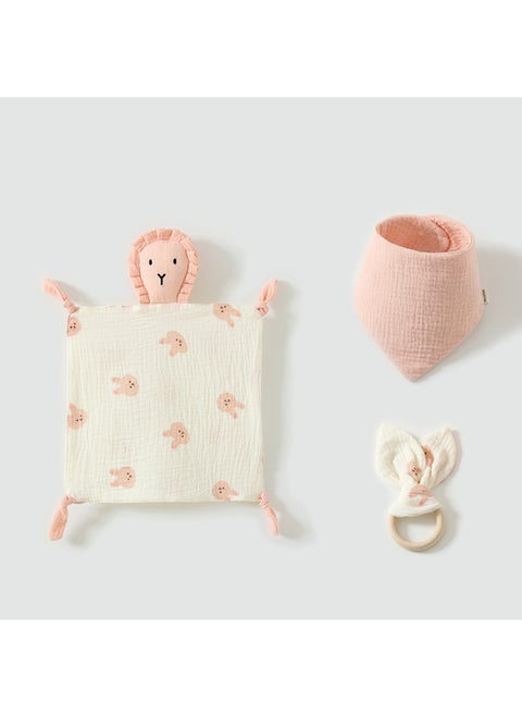 Pure Cotton Baby Soothing Doll Lion Design Comforter+6 Layers Triangle Scarf Wooden Ring Rabbit Three Piece Set For Infants-Color:Light Pink Pink Bunny (three-piece Lion)