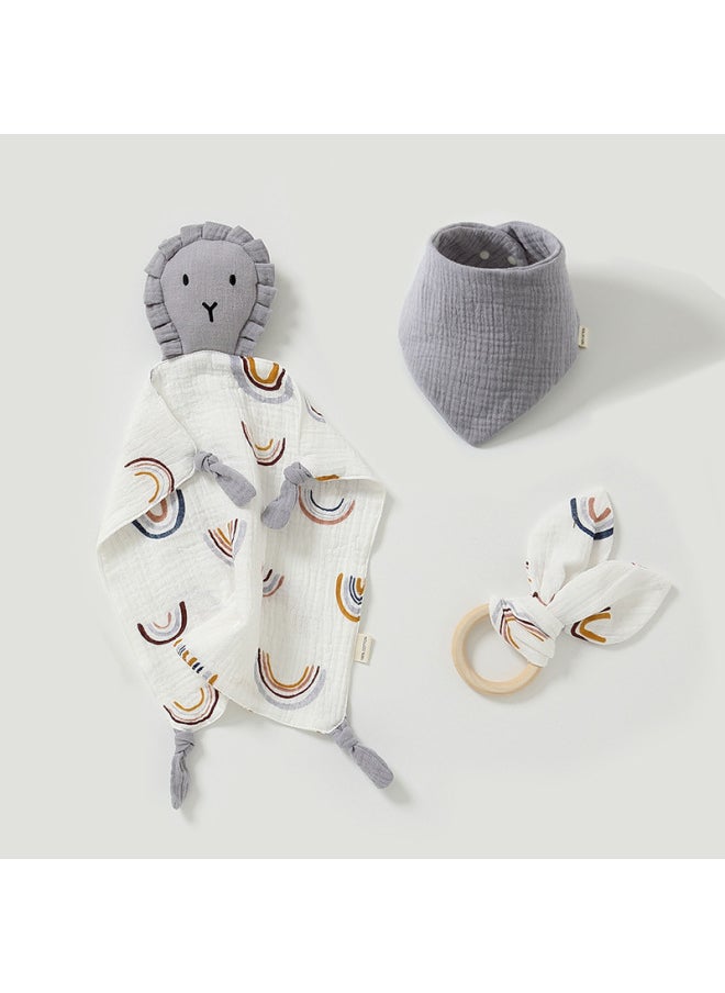 null - Pure Cotton Baby Soothing Doll Lion Design Comforter+6 Layers Triangle Scarf Wooden Ring Rabbit Three Piece Set For Infants-Color:Light Pink Pink Bunny (three-piece Lion) - Image 1