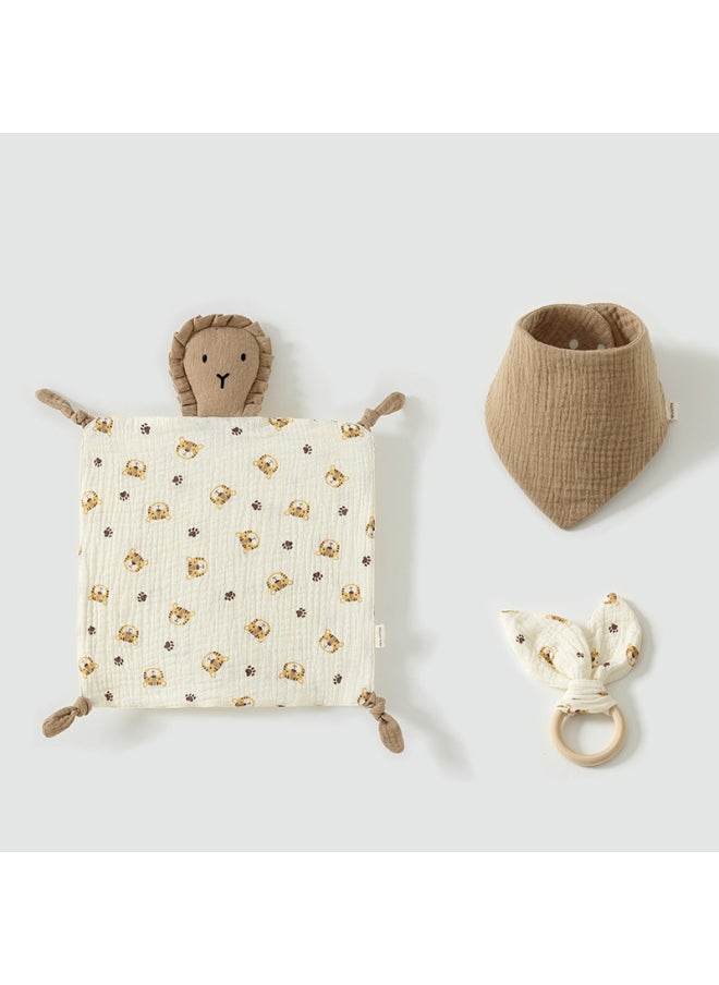 null - Pure Cotton Baby Soothing Doll Lion Design Comforter+6 Layers Triangle Scarf Wooden Ring Rabbit Three Piece Set For Infants-Color:Light Pink Pink Bunny (three-piece Lion) - Image 1