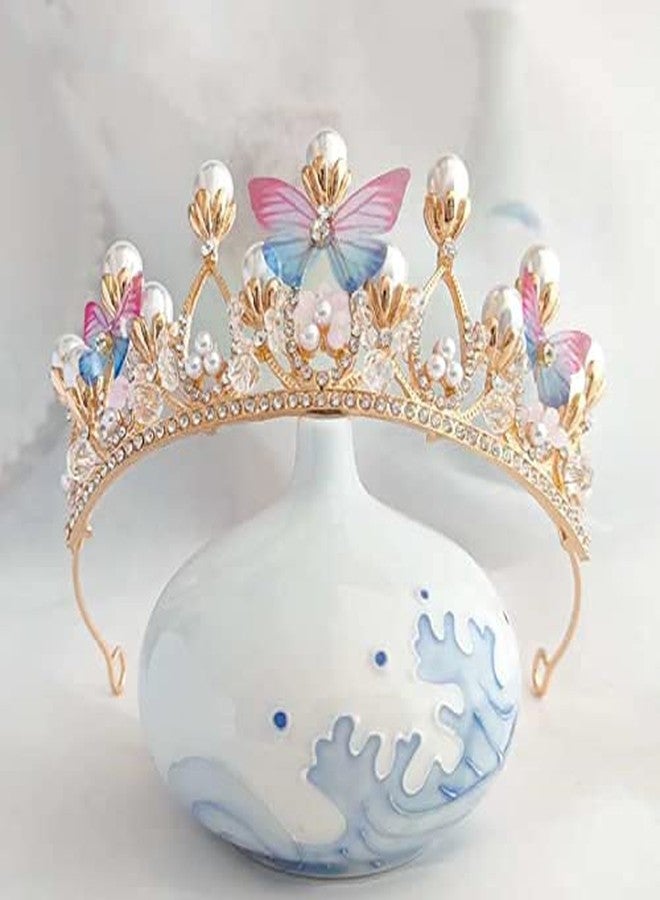 ABUDIT Girls Tiara Butterfly Princess Crown Gold Pearl Headband Rhinestone Hairpiece for Wedding Bridal Prom Birthday Party Cosplay (Butterfly Princess Crown) - Image 3