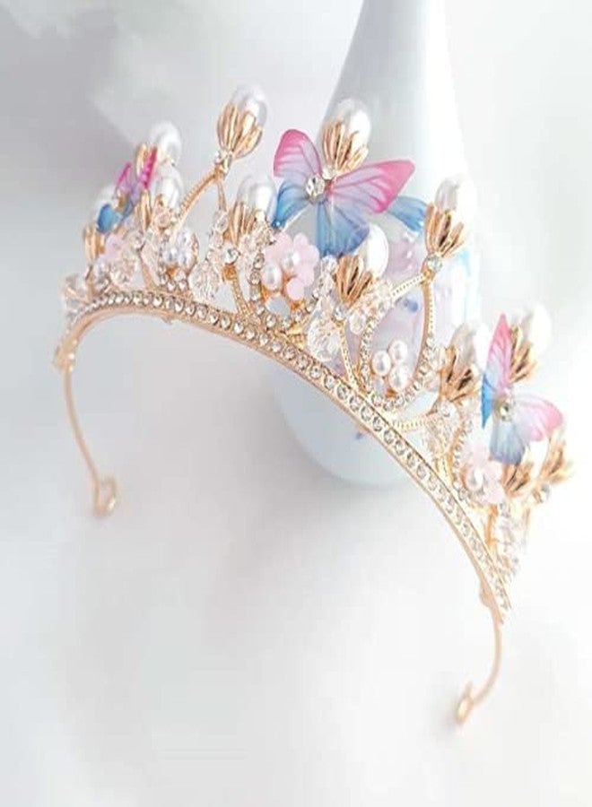 ABUDIT Girls Tiara Butterfly Princess Crown Gold Pearl Headband Rhinestone Hairpiece for Wedding Bridal Prom Birthday Party Cosplay (Butterfly Princess Crown) - Image 5