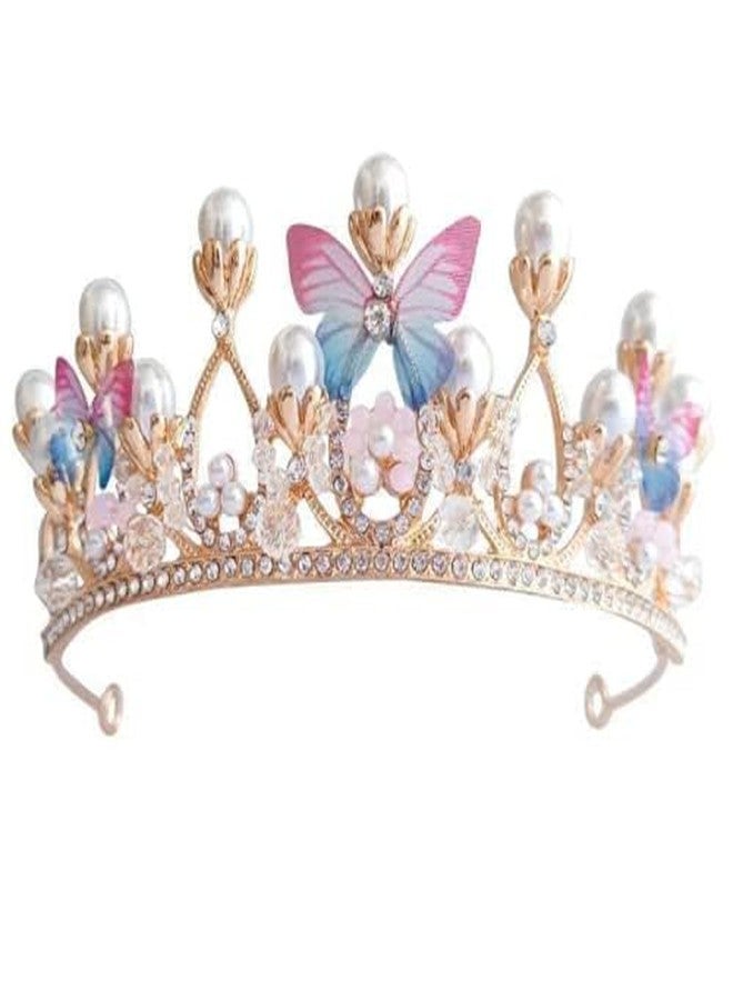 ABUDIT Girls Tiara Butterfly Princess Crown Gold Pearl Headband Rhinestone Hairpiece for Wedding Bridal Prom Birthday Party Cosplay (Butterfly Princess Crown) - Image 1