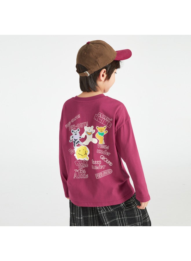 BOY S Long Sleeve 2025 Children's Bear Doodle Cotton Top, Loose Comfortable T-shirt For Autumn And Spring - Image 4