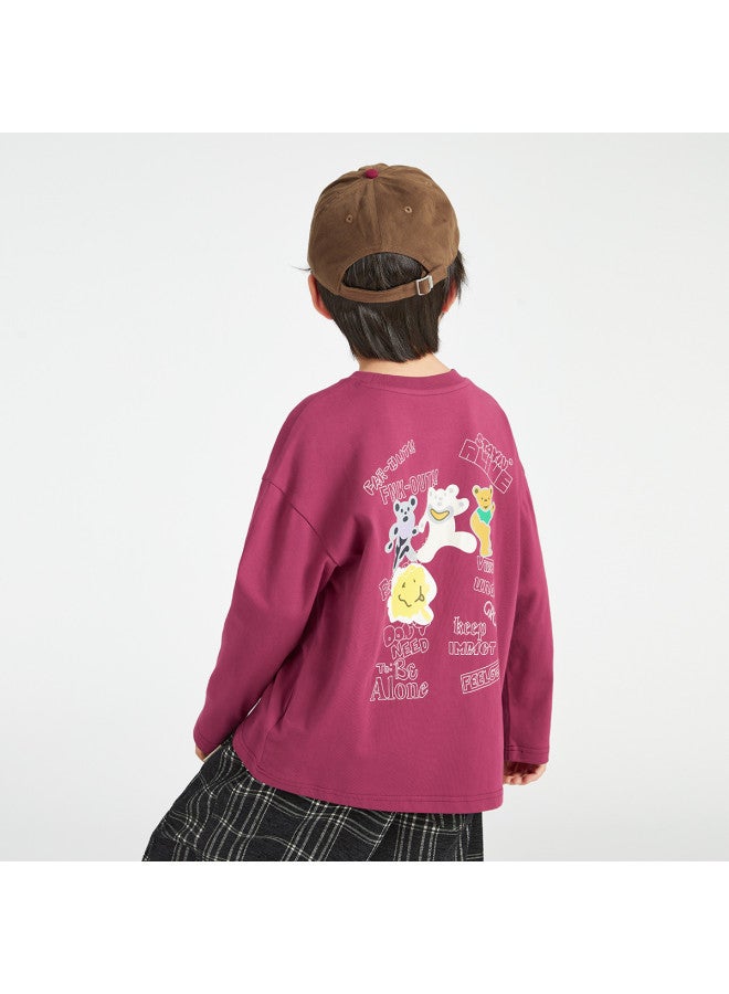 BOY S Long Sleeve 2025 Children's Bear Doodle Cotton Top, Loose Comfortable T-shirt For Autumn And Spring - Image 2