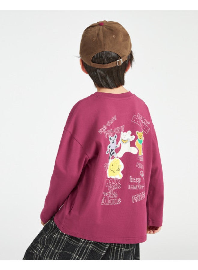 BOY S Long Sleeve 2025 Children's Bear Doodle Cotton Top, Loose Comfortable T-shirt For Autumn And Spring - Image 1