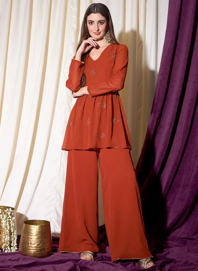 STREET 9 Embroidered V-Neck Kurta with Palazzos Set