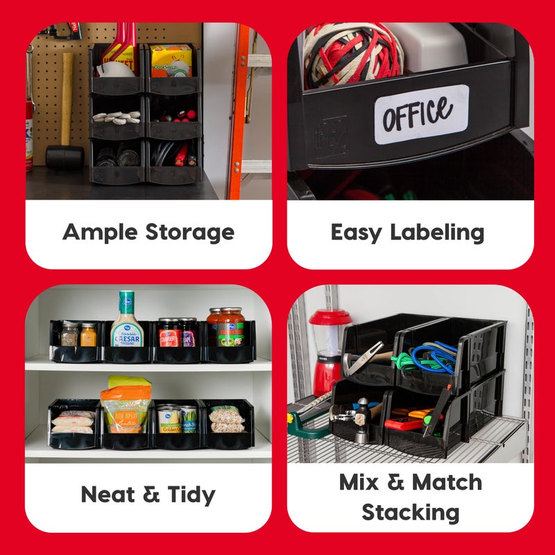 IRIS USA Plastic Shelf Bins Stackable Open Front Storage Bins Plastic Hanging Organizer Bin Caddy Basket for Hardware Crafts, Small Parts, Nuts and Bolts, Tool Storage - Large Black 8 Pack - Image 3