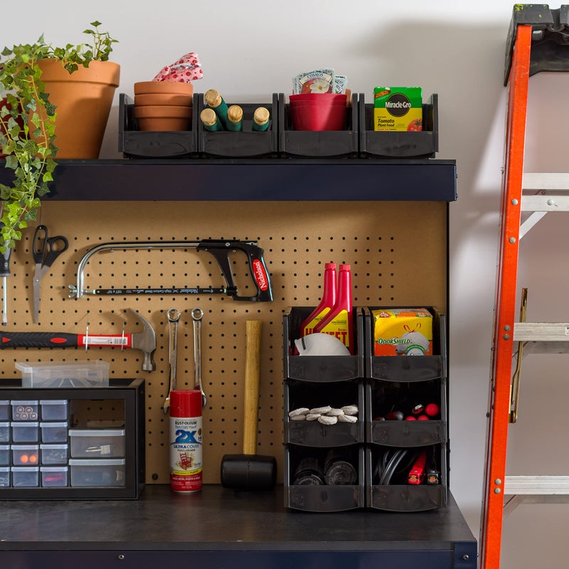 IRIS USA Plastic Shelf Bins Stackable Open Front Storage Bins Plastic Hanging Organizer Bin Caddy Basket for Hardware Crafts, Small Parts, Nuts and Bolts, Tool Storage - Large Black 8 Pack - Image 4