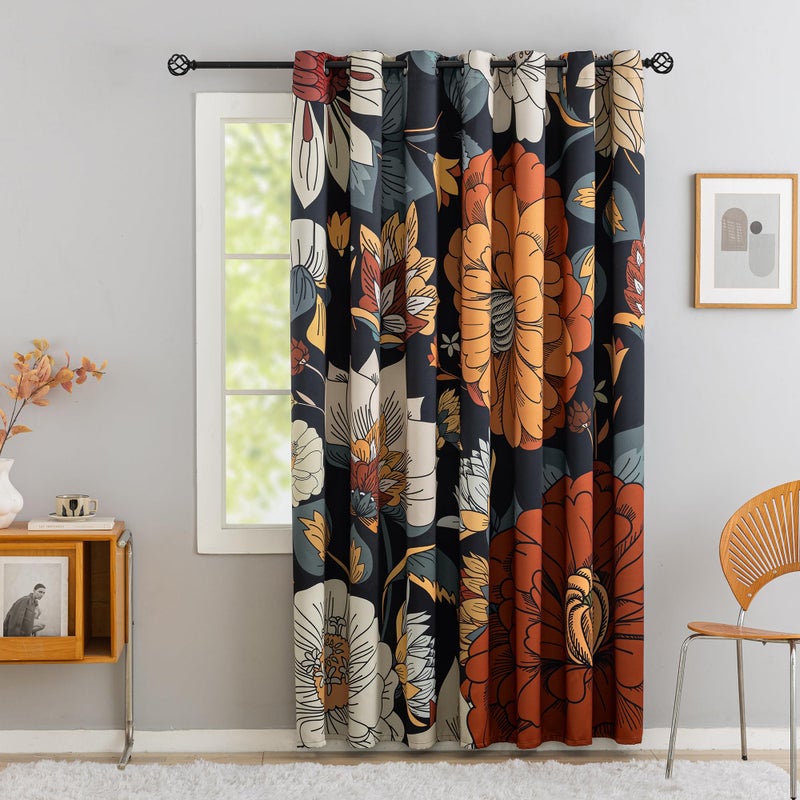 Tyrot Black Boho Floral Blackout Curtains for Sliding Glass Doors 84 inch Length Extra Wide Curtains for Patio Sliding Door Living Room, Grommet Room Divider Thermal Insulated Curtains, W100 x L84 - Image 1