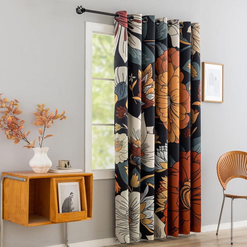 Tyrot Black Boho Floral Blackout Curtains for Sliding Glass Doors 84 inch Length Extra Wide Curtains for Patio Sliding Door Living Room, Grommet Room Divider Thermal Insulated Curtains, W100 x L84 - Image 2