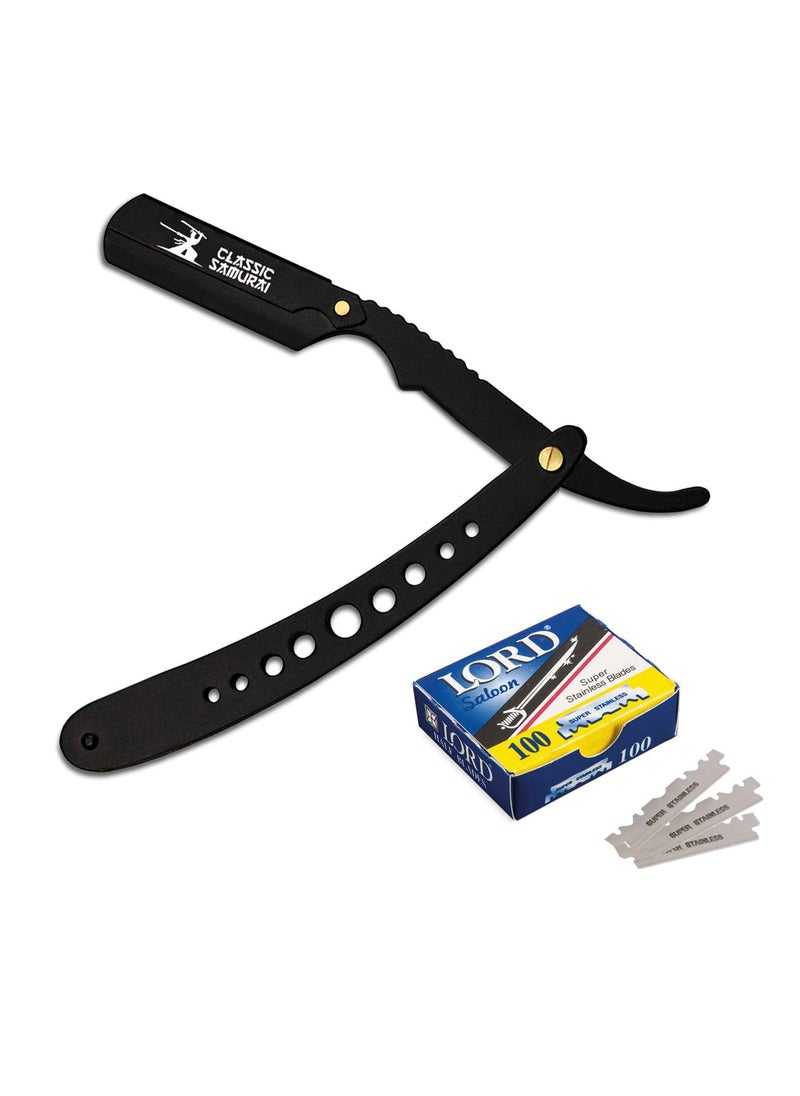 Classic Samurai - New Ergonomic Design Stainless Steel Professional Folding Straight Edge Barber Razor Shavette Manual Shaver with 100 Lord Single Blades Matte Black  100 Lord Blades - Image 1