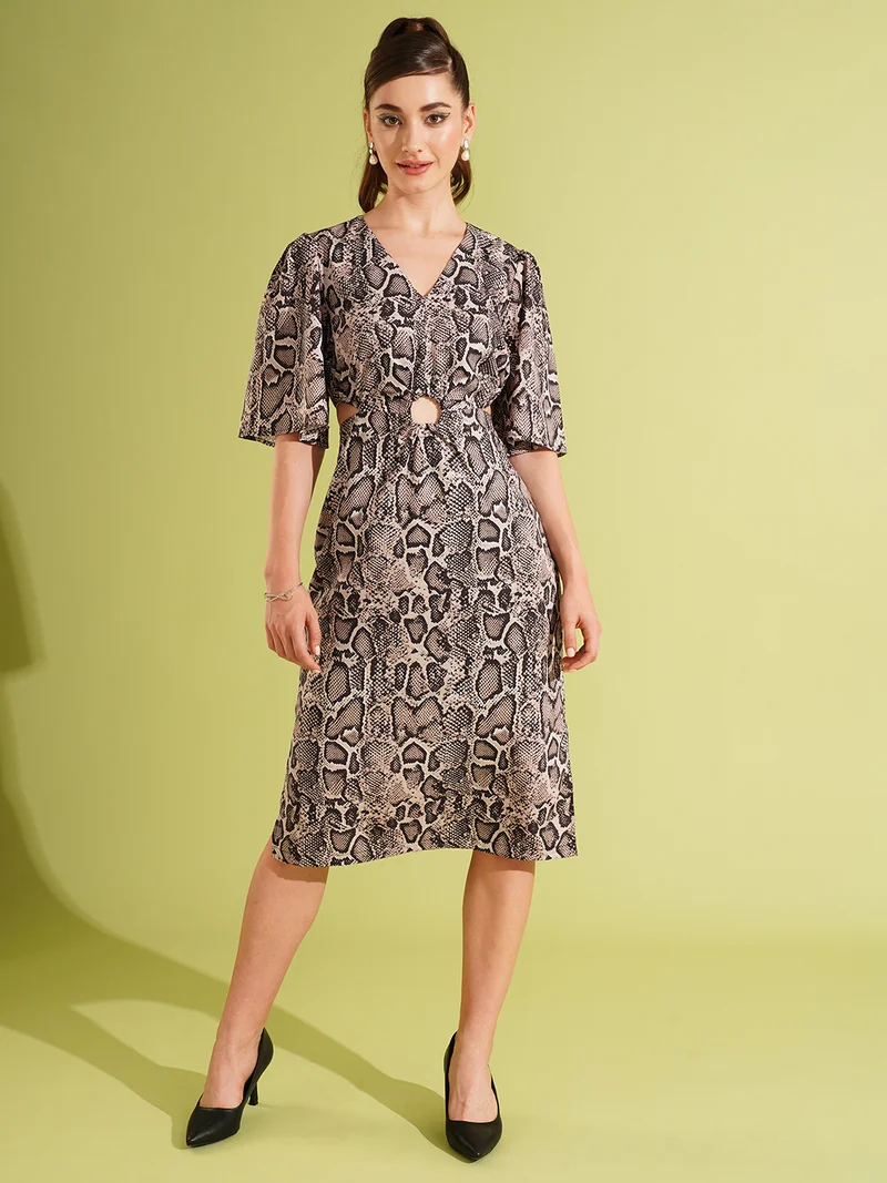 globus Globus Women Animal Printed Flared Sleeve Cut-Out Detail A-Line Dress