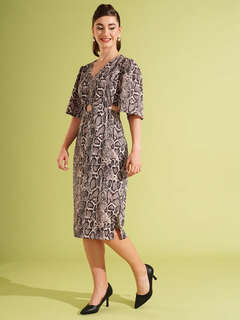 globus Globus Women Animal Printed Flared Sleeve Cut-Out Detail A-Line Dress