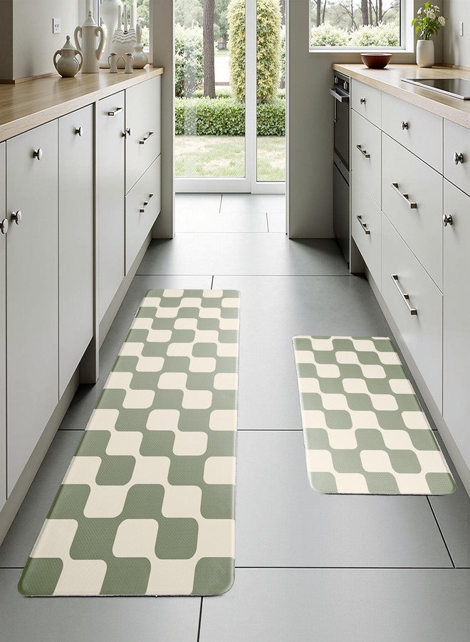 VivaNest Sage Green Beige Retro Curvy Checkered Grid Checkerboard Kitchen Rug Sets [2 PCs], Anti-Fatigue, Waterproof Non-Slip Kitchen Mats Heavy Duty Comfort Foam Rug for Floor, Home, Laundry,17"x29"+17"x47" - Image 3