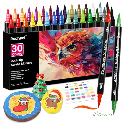 Recheel 30 Colors Acrylic Paint Markers Dual Tip Fine and Brush Tips for Detailed Art Crafting Rock Painting Wood Glass Ceramic and More