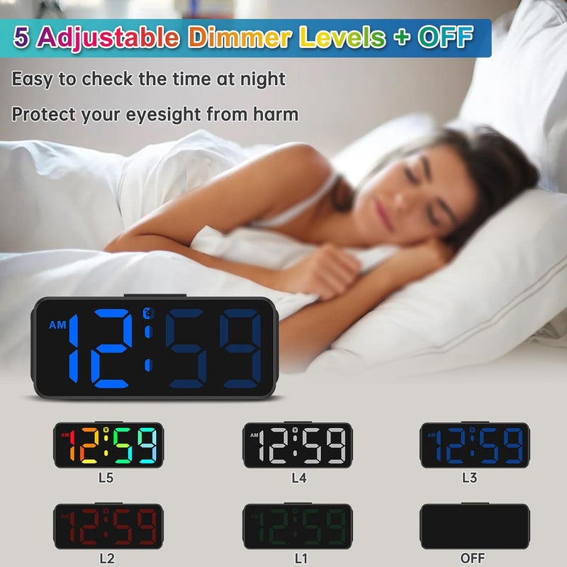 Peakeep Small Tiny Digital Alarm Clock Plug in for Kids Bedroom Bedside Nightstand, RGB Colorful Changing Large Display for Travel, Dimmable 6 Brightness, Corded Electric Battery Backup (Black - RGB) - Image 4