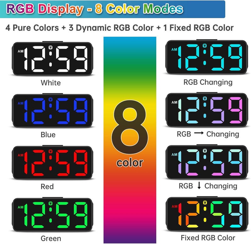 Peakeep Small Tiny Digital Alarm Clock Plug in for Kids Bedroom Bedside Nightstand, RGB Colorful Changing Large Display for Travel, Dimmable 6 Brightness, Corded Electric Battery Backup (Black - RGB) - Image 2