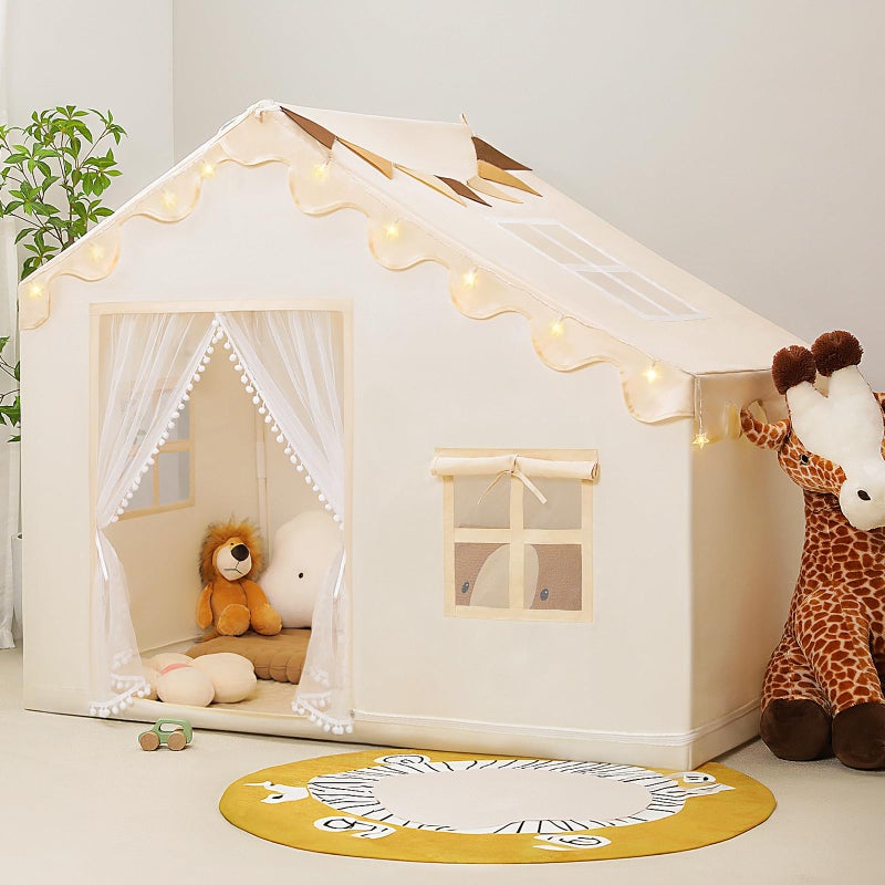 PIIKAGO Kids Play Tent with Mat Kids Tent Indoor with Star Lights and Flags Toddler Tent for Kids Ages 38 Toddler Playhouse for Girls Boys 57 x 35 x 47 Beige - Image 3