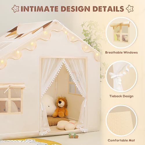 PIIKAGO Kids Play Tent with Mat Kids Tent Indoor with Star Lights and Flags Toddler Tent for Kids Ages 38 Toddler Playhouse for Girls Boys 57 x 35 x 47 Beige - Image 5