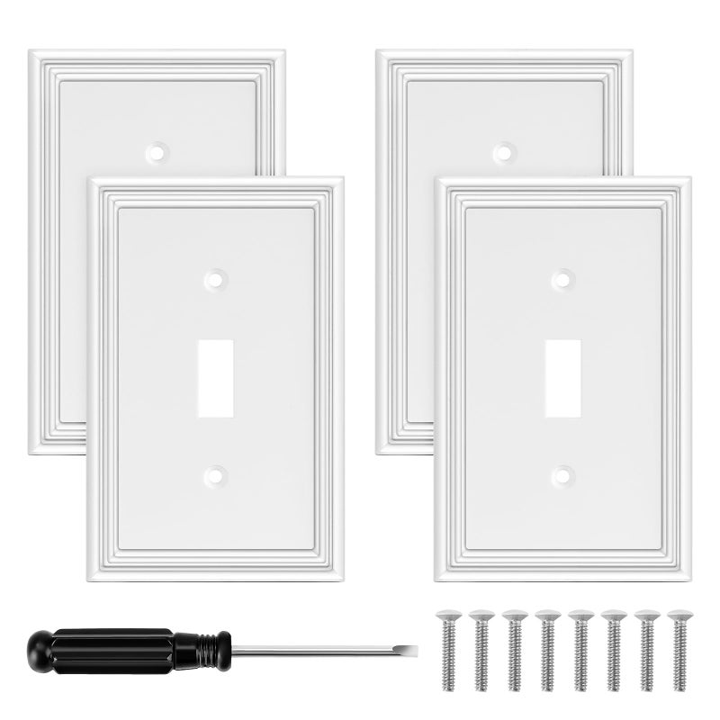 Ranweydi White Modern Decorative Wall Plate Light Switch Cover Decorator Outlet Covers Rocker Switch Plates Bamboo Fiber Material Wall Plates for Kitchen Bathroom (1 Gang Single Toggle-4 Pack) - Image 1
