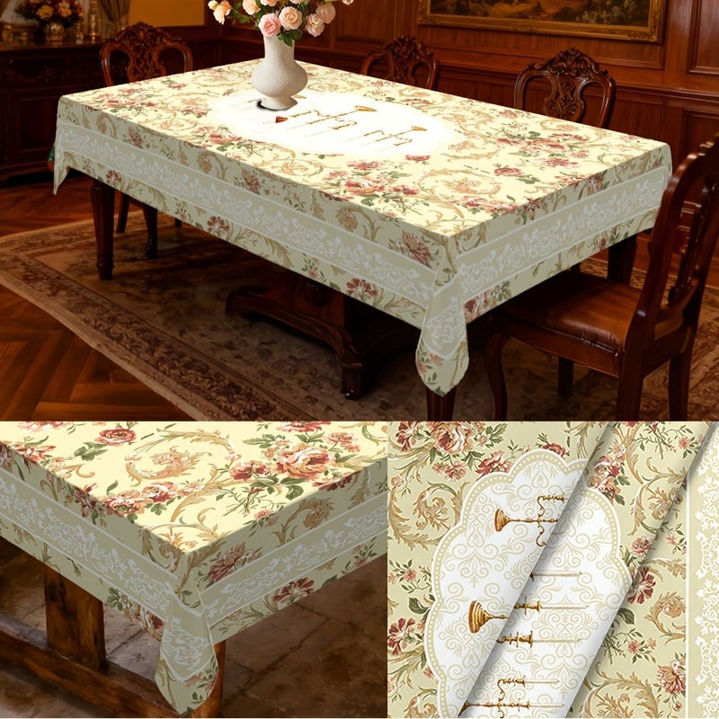 Rectangular PVC Tablecloth 138 x 178 cm Floral Candlestick Pattern European Vintage Style for Picnic Holiday Party Dining Room Decoration - Image 1