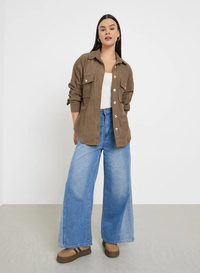 Styli Oversized Corduroy Shirt with Flap Pockets