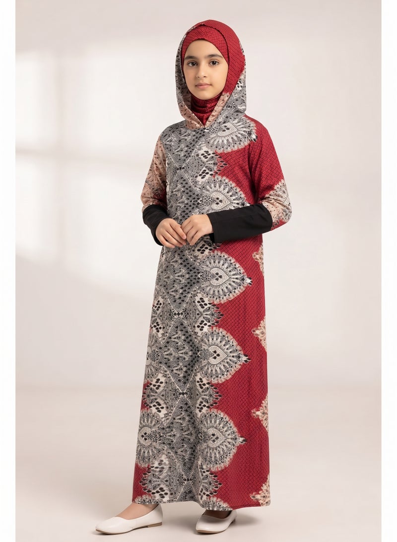 Kids Girls Prayer Esdall / Abaya Size 10 Patterned Burgundy Red with Black Sleeves and Hood - Islamic Prayer Dress - Image 1